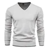 Mannen Herfst Trui V-hals Pullovers Mode 100% Katoen Effen Kleur Lange Mouw Slanke Sweaters Navy Knitwear 211006