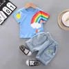 Giyim Setleri Bebek Çocuk Erkek Kız Pamuk Giysileri T-shirt Kısa Pantolon Denim Gökkuşağı Baskı Kıyafetleri Suits 1-4Y