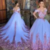 2021セクシーなQuinceaneraボールガウンドレスオフショルダーキーホールピンク3D花の花チュレプラスサイズの正式パーティープロムイブニングドレス