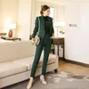 Primavera e outono moda verde mulheres terno magro 2 peça conjunto elegante blazer feminino calças feminina negócios pantsuit 210514