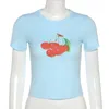 Уличная одежда 2000-х годов с принтом вишни, синие детские футболки, Y2K, эстетика, укороченные топы с круглым вырезом и короткими рукавами, кавайная летняя футболка, женская мода
