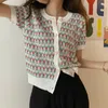 Vintage Floral Knitted Cardigan Tops Women Summer Short Sleeve O-neck Pearl Buttons Sweater Korean Elegant Ladies Jumpers Femme 210513