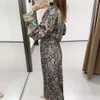 Outono boho impressão cetim vestido mulheres elegante bohemian maxi mulher manga longa plissado cintura elástica senhira es 210430