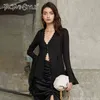 Sexy Black See Through Shirt For Women V Neck Flare Sleeve High Waist Slim Blouse Female Fashion Clothes Fall 210524