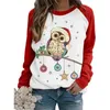 Retro Sevimli Baykuş Baskı Kadın T-shirt Noel Uzun Kollu Raglan Tops Kadın Giysileri O Boyun Vintage Tee Gömlek Femme 210401