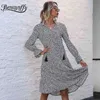 Tassel Tie Neck Casual Print Midi Dresses Spring Women Fashion High Waist Long Sleeve A-Line Dress Lady 210510