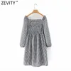 Kobiety Vintage Kołnierz Kołnierz Plaid Drukuj Szczupła Elastyczna Mini Dress Kobieta Trzy Czwarty Rękaw Ruffles Vestido DS4994 210416