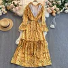 Ly Varey Lin Spring Women Elegant Print Dresses Casual O-Neck Långärmad A-Line Dress Yellow Lady Skirts 210526