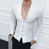 Koreański V-Neck Męska koszula Dorywczo Slim Fit Długim Rękawem Koszula Designer Solid Sukienka Koszule Night Club Party Tuxedo Męska Odzież 210527