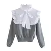 BLSQR Fashion With Bow Patchwork Stickad Sweater Kvinnor Vintage Ruffled Collar Långärmad Kvinnlig Pullovers Chic Toppar 210430