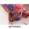 Kvinnor Chic Fashion Floral Print Wrap Chiffon Midi Dress V Neck med bälte och foder kvinnlig Veintidos 210420