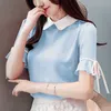 韓国のファッションの服のシフォンブラウス婦人服の短い弓固体ピーターパンカラーレディーストップスブラウスシャツ3463 50 210527