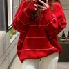 Aelegantmis O Neck Stipe Pullover Oversized Women Soft Warm Knitted Sweater Female Striped Jumper Red Spring Korean Outerwear 210607