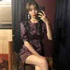 Summer Vintage Elegant Purple Leopard Short Puff Sleeve O-Neck Bodycon Pencil Mini Dress Lady Vestidos 210519