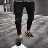 Cool Fashion Stretch Denim Czarne dżinsy Zgrywanie Zniszczone Slim Fit Hip Hop Spodnie z otworami dla mężczyzn 211011
