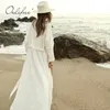 Summer Beach Women Cardigan bianco manica lunga sexy spacco con cintura maxi vestito 210415