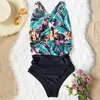 2021 One Piece Swimsuit Print Swimwear Women Cross Monokini Sexy Backless Bathing Suit Halter Beach Wear Deep V Bodysuit 1136 Z2