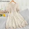 Kimutomo Elegant Retro Lace Dress Kvinnor Hong Kong Stil Sommar Kvinna O-Neck Kortärmad Hög midja Solid Robe Fashion 210521