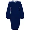 Aplikacje Eleganckie sukienki Kobiety Patchwork Mesh Długie Rękaw Lantern Navy Blue Bodycon Slim Biurowe Damskie Klasyczna Moda Kobieta 210527