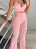 Kobiety Eleganckie Pink Office Styl Spaghetti Pasek Kostium V-Neck Set Cami Top Guzioty Bell-Dotns Spodnie Lato 2021 Dane damskie