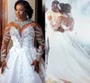2021 Luksusowe Kryształy Arabskie Dubaj Suknia Ślubna Sheer Neck Długie Rękawy Zroszony Suknia Ślubna Robe de Mariage Vestidos Noiva