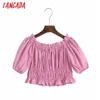 Tangada mulheres retrô rosa plissado fora do ombro romântico blusa camisa verão manga curta chique camisa feminina tops 6z28 210609