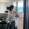 Leopardo Coreano Longa Manga Off Tops Camisas Mulheres Blusas Mujer de Moda Collar Colares Rodwear Roupas 10270 210506