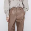 Casual PU cuir pantalon pour femmes Chic mode solide pantalon droit bureau dames élégant poches cheville longueur pantalon 210515