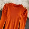 Autumn winter new design women's o-neck puff long sleeve knitted buttons patchwork candy color sweater tops jumper
