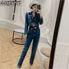 autumn winter Denim Jacket Coat +Denim pants suit Fashion Women Suit Two Piece Sets 210531