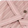ピンクの縞模様のスイートミニレディースのドレスフリル半袖ボタンスリムドレスベルトグリル夏210524