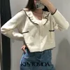 Women Sweet Fashion Ruffled Cropped Knitted Cardigan Sweater Long Sleeve Pocket Female Outerwear Chic Tops 210420