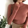 Turtleneck Ruched Женщины свитер Высокоэластичная твердая осень осень зима мода свитер женские тонкие сексуальные вязаные пуловеры розовый белый 210518