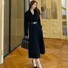 Primavera stile coreano donna taglie forti abito camicia diviso nero manica lunga spesso caldo elegante cintura slim party 210529