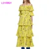 [LDYRWQY] Women's Yellow Print Off-Shoulder Long Pleated Dress Sheath Office Lady Polyester 210416