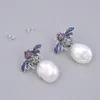 GuaiGuai Jewelry Natural Freshwater White Coin Pearl Silver Color Plated Cz Pave Insect Stud Earrings Cute For Women5386519