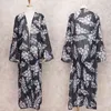 Bikini Cover-ups Boho Printed Long Kimono Cardigan Plus Size White Black Chiffon Tunic Women Beach Wear Swim Suit Cover Up A225 210420