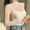 Kvinnors Blusar T-shirts Womengaga Transparent Mesh Turtleneck Topp Kvinnor Sexig Långärmad Blus Tight Thin 2021 Höst Sunscreen Bottom Shi