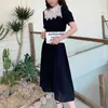 Women Balck Stand Collar Lace Patchwork Short Sleeve Empire Elegant Midi Dress Summer D2669 210514