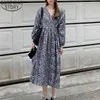 Midi Vintage Leopard Print Women Dress Coreano manica lunga con scollo a V vita alta abiti larghi abiti da abito 13331 210417