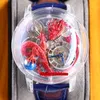 Orologi di lusso Astronomia Sky Red Dragon Orologio da uomo al quarzo svizzero Pave Piece Unico vetro completamente trasparente Cinturino in pelle con incisione 3D Orologi da polso da uomo