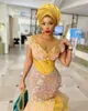 2022 Plus Size Arabski ASO EBI Yellow Mermaid Sexy Prom Dresses Sheer Neck Zroszony Wieczór Formalna Partii Druga Recepcja Gowns Sukienka ZJ577
