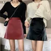 Coreano Pu Mulheres Saias Sólida Cintura Alta Chic All Match Outono Inverno Mujer Faldas Elegante A-Linha Mini Skirt 19065 210415