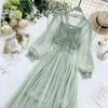 Women Mesh Lace Crochet Dresses V-neck Elegant Prom Puff Sleeves Dress Women Sexy Slim Swing Long Dress