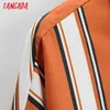 Kobiety Retro Oversized Orange Striped Print Bluzka Z Długim Rękawem Chic Kobieta Casual Luźna Koszula Topy 2F162 210416