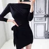 Spring Autumn Korea Knitted Dress Women Sexy Slash Neck Off Shoulder Solid High Waist Mini Robe Femme 13068 210508