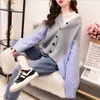 Striped Tops Stitching Knit Cardigan Coat Women Spring Autumn Sweater Fashion V-neck Loose Jacket Clothing 210427