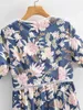 Womne V-Ausschnitt Kurzarm Rosa Big Flower Print Elastische Taille Midikleid Vintage Puffärmel Seaside Resort Chic Weibliche Kleider 210507