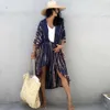 Striped Print Cover-Ups Beachwear Cardigan Sexy Sunblock Top Bikini Long Swimsuits Woman Beach Dress Coat Women's Tunic 210722