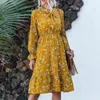 Herbst Druck Kleid Frauen Sommer Mode Casual Floral Bogen Elastische Midi Chiffon-kleid elegante Vintage 210508